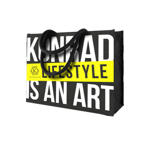 JUTE BAG "KONRAD LIFESTYLE IS AN ART" YELLOW STRIPES